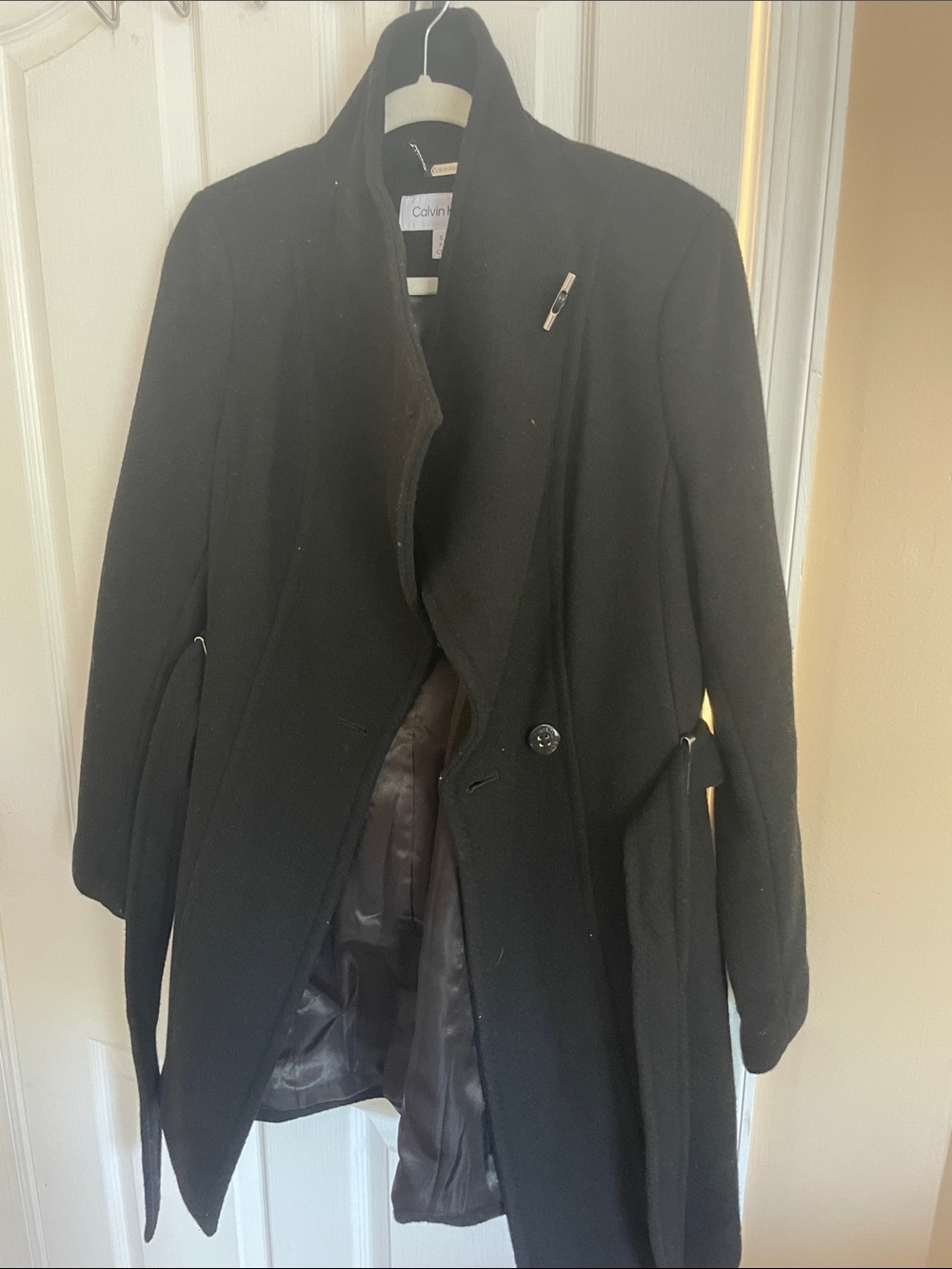 Calvin Klein Black Wool-Blend Belted Trench Coat